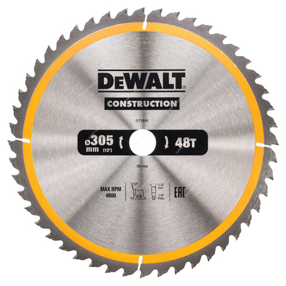Dewalt Stationary Construction Circular Saw Blade, DT1959-QZ, 30MM Bore Size x 305MM Blade Dia, 48 Teeth