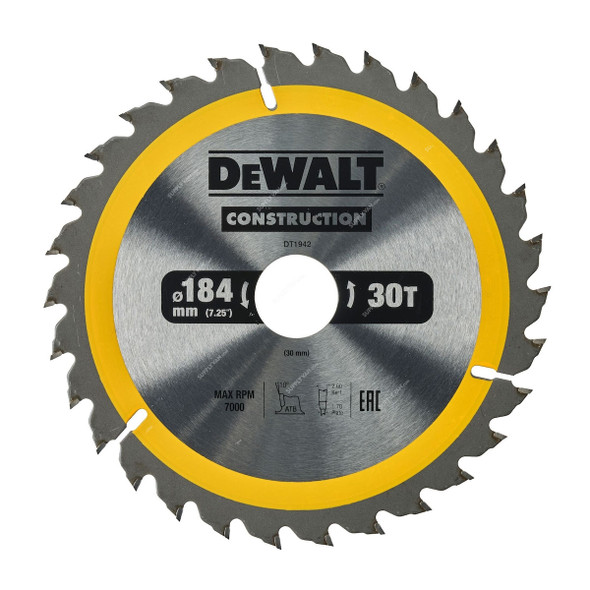 Dewalt Construction Circular Saw Blade, DT1942-QZ, 30MM Bore Size x 184MM Blade Dia, 30 Teeth