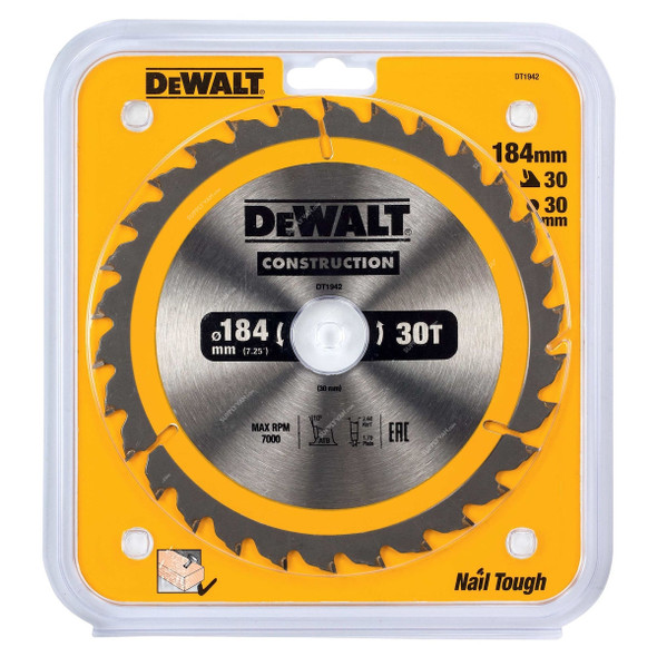 Dewalt Construction Circular Saw Blade, DT1942-QZ, 30MM Bore Size x 184MM Blade Dia, 30 Teeth