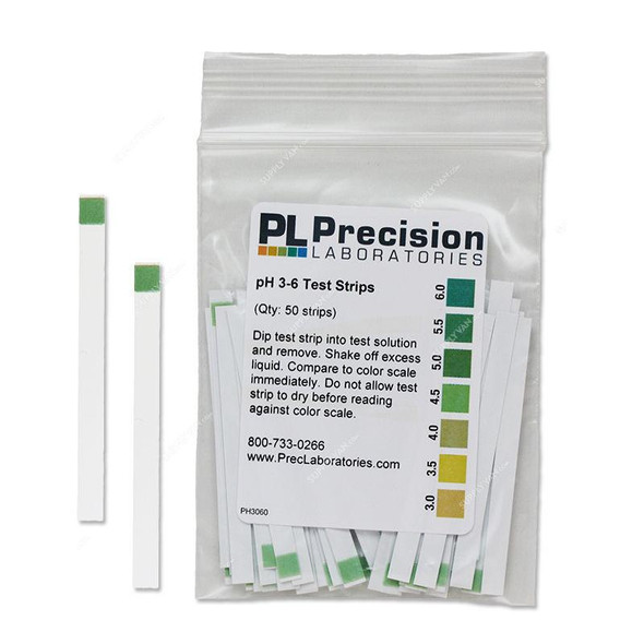 Precision pH Test Strip, PH3060-1B-50, 3.0 to 6.0 pH, 50 Strips/Pack  -    