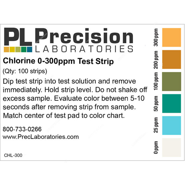 Precision Chlorine Test Strip, CHL-300-1V-100, 0 to 300 PPM, 100 Strips/Pack