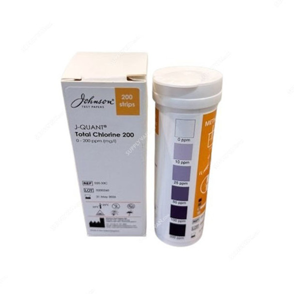 Johnson Total Chlorine Test Strip, 020.33C, J-Quant, 0 to 200 PPM, 200 Strips/Pack