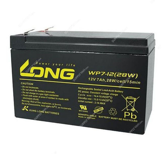 Long Rechargeable Sealed Lead Acid Battery, WP7-12, 12V, 7Ah