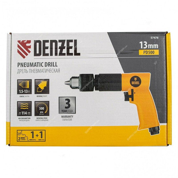 Denzel Pneumatic Drill, PD500, Keyed, 500 RPM, 6.3 ATM, 1.5-13MM Chuck Capacity  -    