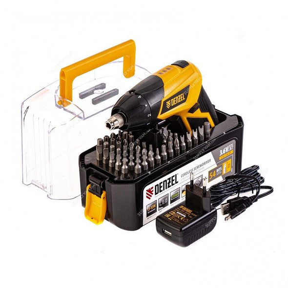 Denzel Cordless Screwdriver With 54 Bits Set, CSL-3.6-01, 3.6V, Li-Ion, 4 Nm, 10+1 Torque Setting, 200 RPM, 55 Pcs/Set  -    