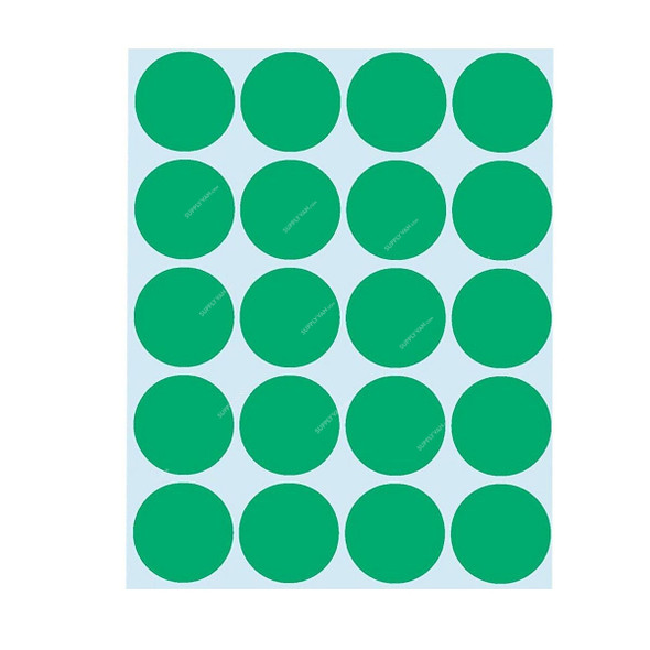 Fis Adhesive Label, Round, 25MM Dia, Green, 10 Sheets/Pack
