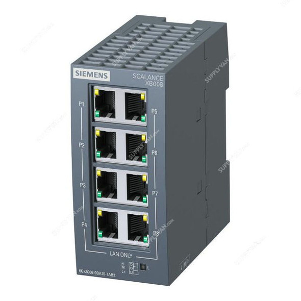 Siemens Industrial Ethernet Switch, Scalance XB008, 8 Ports, 10/100Mbps, 24VAC/DC, 0.12A