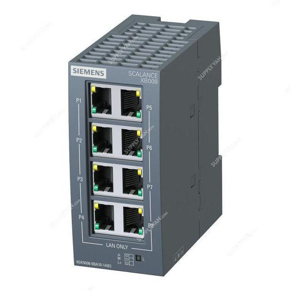 Siemens Industrial Ethernet Switch, Scalance XB008, 8 Ports, 10/100Mbps, 24VAC/DC, 0.12A  -    