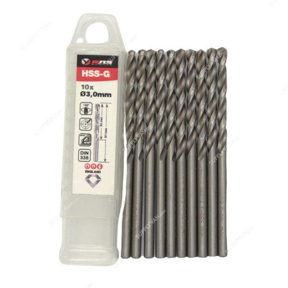 Rns HSS-G Twist Drill Bit, 4341, Eco, 3MM Dia, 10 Pcs/Pack  -    