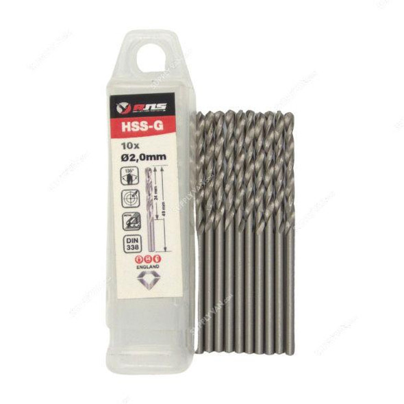 Rns HSS-G Twist Drill Bit, 4341, Eco, 2MM Dia, 10 Pcs/Pack  -    