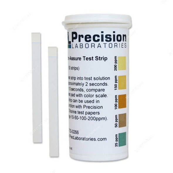 Precision Chlor-Assure Chlorine Test Strips, 0-200 PPM, 5MM Width x 64MM Length, 50 Strips/Pack