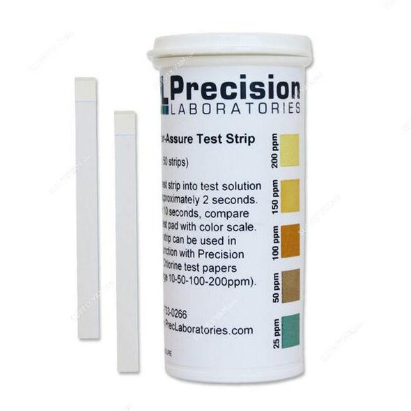 Precision Chlor-Assure Chlorine Test Strips, 0-200 PPM, 5MM Width x 64MM Length, 50 Strips/Pack  -    