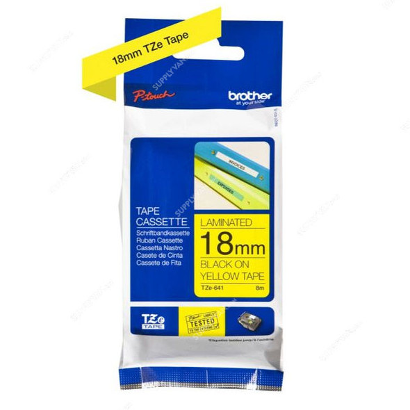 Brother Laminated Labelling Tape Cassette, TZe-641, 18MM Width x 8 Mtrs Length, Black On Yellow