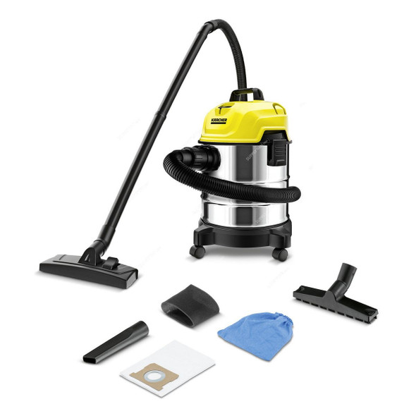Karcher WD 1S Classic Wet/Dry Vacuum Cleaner, 10983240, 1300W, 18 Ltrs Tank Capacity, Silver/Yellow