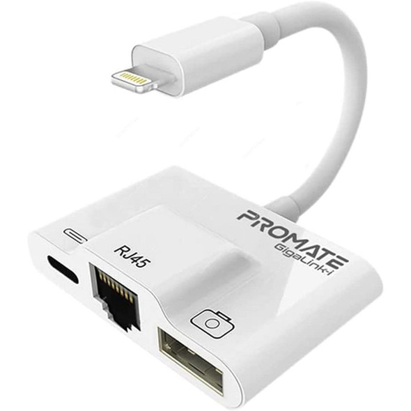 Promate 3 In 1 High Speed Lightning USB Hub, GigaLink-i, RJ45, 100 MBPS, White
