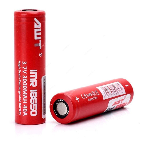 Awt Rechargeable Battery, AWT18650, Lithium-Ion, 3.7V, 3000mAh, 2 Pcs/Pack