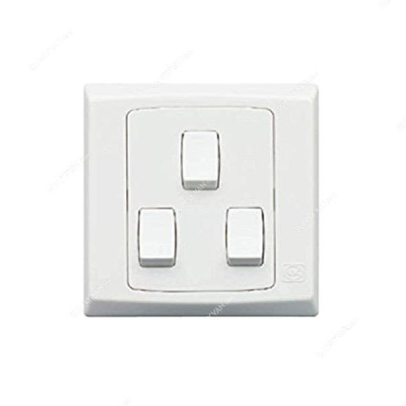 Mk Single Pole Electrical Switch, S8873WHI, Slim Line Plus, Polycarbonate, 3 Gang, 2 Way, 10A, White