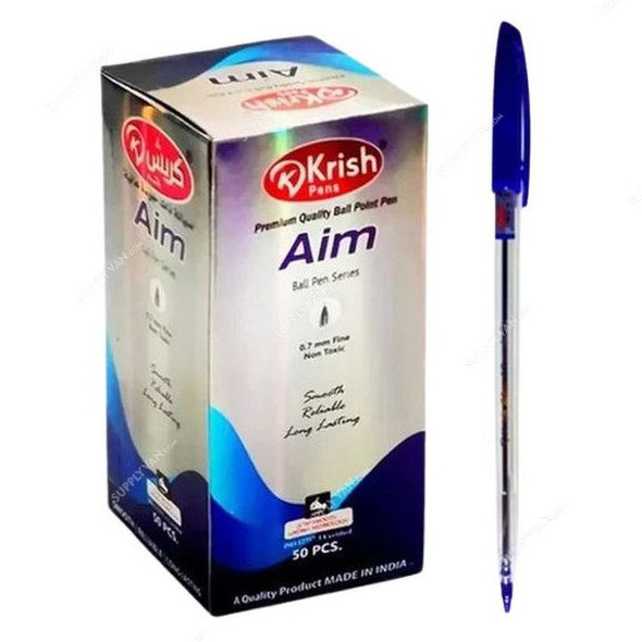 Krish Aim Premium Quality Ball Pen, 0.7MM Tip Size, Blue, 50 Pcs/Pack