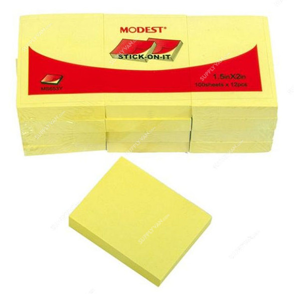 Modest Sticky Note, MS653, 100 Sheets, 1.5 Inch Width x 2 Inch Length, Yellow, 12 Pads/Pack