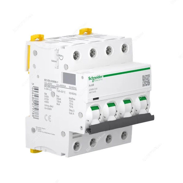 Schneider Electric iC60N Miniature Circuit Breaker, A9F44440, Acti9, 4P, Curve C, 40A