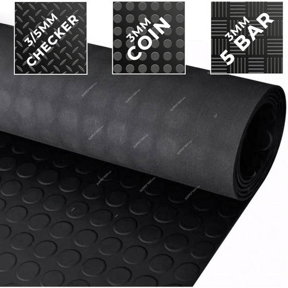 Trident Non-Slip Matting Roll, Rubber, 3MM Thk, 1.5 Mtrs Width x 1 Mtrs Length, Black