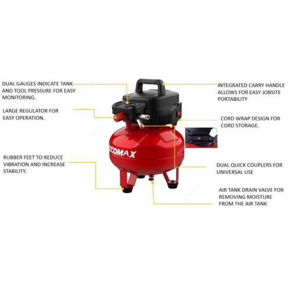 Ecomax Oil Free Air Compressor, ALT-0212381, 1400W, 8-10 Bar, 23 Ltrs Tank Capacity