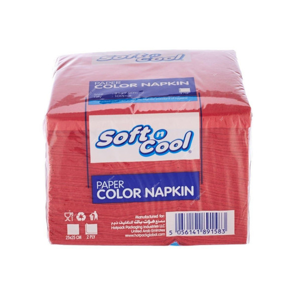 Soft n Cool Paper Napkin, 2 Ply, 25CM Width x 25CM Length, Red, 100 Sheets/Pack