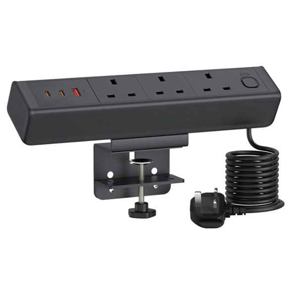 Clamp Mounted Power Socket, Aluminum Alloy, 65W, 3 Way, Type C, 10A, 1.8 Mtrs, Black