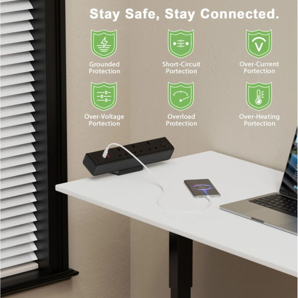 Clamp Mounted Power Socket, Aluminum Alloy, 65W, 3 Way, Type C, 10A, 1.8 Mtrs, Black