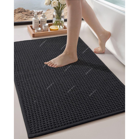 Non-Slip Bath Rug, Chenille/Rubber, 44CM Width x 75CM Length, Black