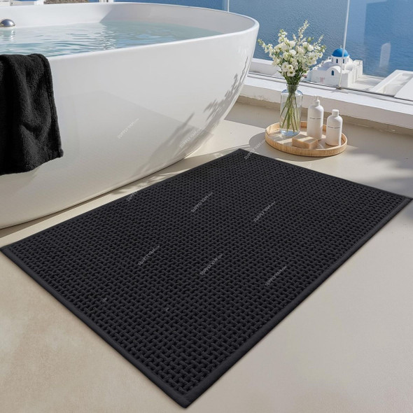 Non-Slip Bath Rug, Chenille/Rubber, 44CM Width x 75CM Length, Black