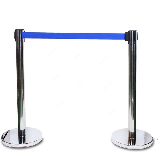Retractable Barrier With 3 Mtrs Blue Belt, Stainless Steel, 90CM Height, Silver
