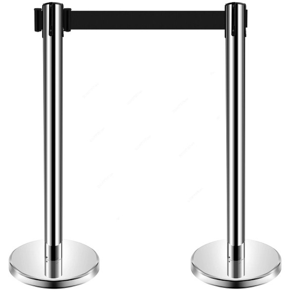 Retractable Barrier With 3 Mtrs Black Belt, Stainless Steel, 90CM Height, Silver