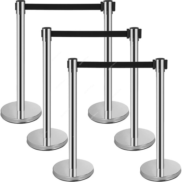 Retractable Barrier With 3 Mtrs Black Belt, Stainless Steel, 90CM Height, Silver