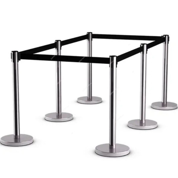 Retractable Barrier With 3 Mtrs Black Belt, Stainless Steel, 90CM Height, Silver