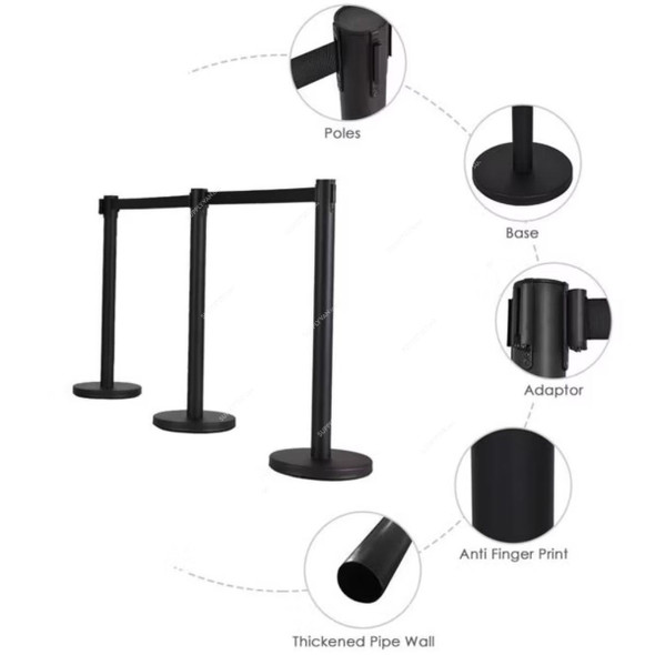 Retractable Barrier With 3 Mtrs Belt, Stainless Steel, 90CM Height, Black
