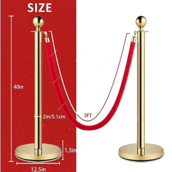 Retractable Barrier With 1.5 Mtrs Red Rope, Stainless Steel, 100CM Height, Gold