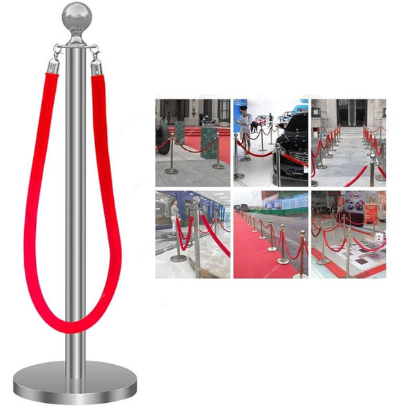 Retractable Barrier With 1.5 Mtrs Red Rope, Stainless Steel, 100CM Height, Silver