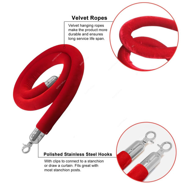 Barrier Rope, Velvet/Stainless Steel, 1.5 Mtrs Length, Red/Silver