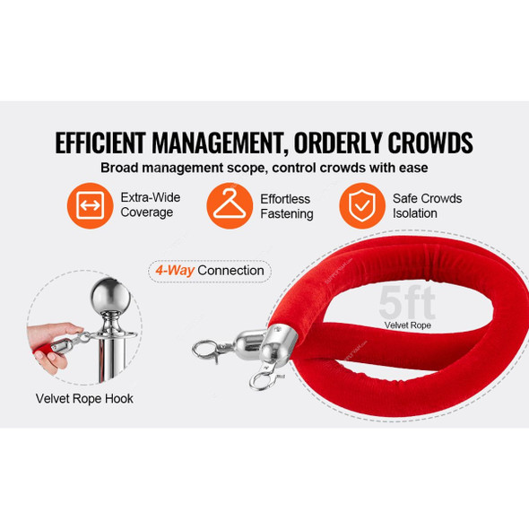 Barrier Rope, Velvet/Stainless Steel, 1.5 Mtrs Length, Red/Silver