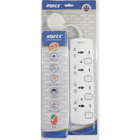 Novex Extension Socket, N-D104-10MTR-UTH, 4 Way, 10 Mtrs Cable Length, White