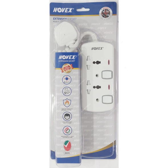Novex Extension Socket, N-D102-5MTR-UTH, 2 Way, 5 Mtrs Cable Length, White