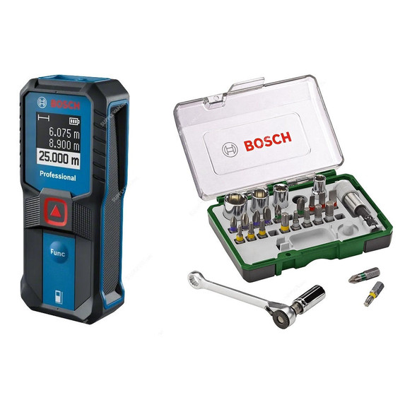 Bosch Professional Laser Measure With 27 Pcs Mini Ratchet Set, GLM-25-23, 1.5V, 25 Mtrs Range