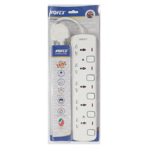 Novex Extension Socket, N-D105-3M, Polycarbonate, 3250W, 5 Outlets, 13A, 3 Mtrs Cable Length, White