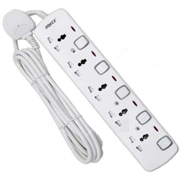 Novex Extension Socket, N-D105-3M, Polycarbonate, 3250W, 5 Outlets, 13A, 3 Mtrs Cable Length, White