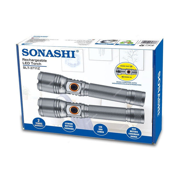 Sonashi Rechargeable LED Torch, SLT-3711Z, Aluminium, 5000 mAh, 800 LM, 800 Mtrs Focus Range, 2 Pcs/Pack