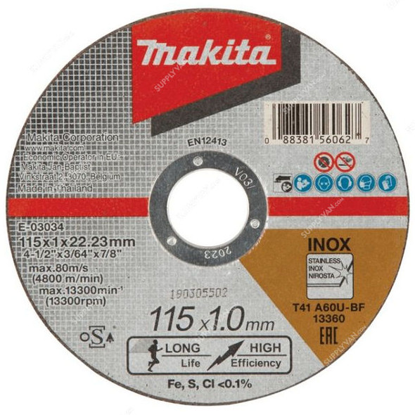 Makita Thin Cutting Wheel, E-03034, A60T, 115MM, 10 Pcs/Pack
