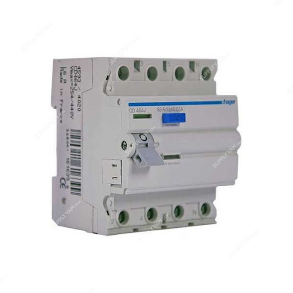 Hager Residual Current Circuit Breaker, CD464J, 4P, 30mA, 63A