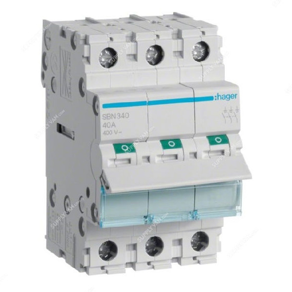 Hager Isolating Switch, SBN340, 40A, 3P, 3 Module, 400V