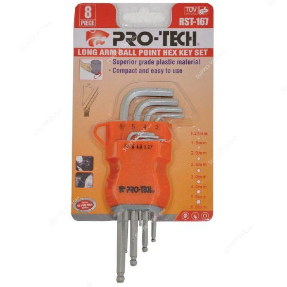 Pro-Tech Long Arm Ball Point Hex Key Set, RST-167, 8 Pcs/Set